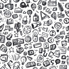 Seamless black and white hand-drawn sketch pattern featuring various office, communication, and business symbols creating a dynamic and creative atmosphere