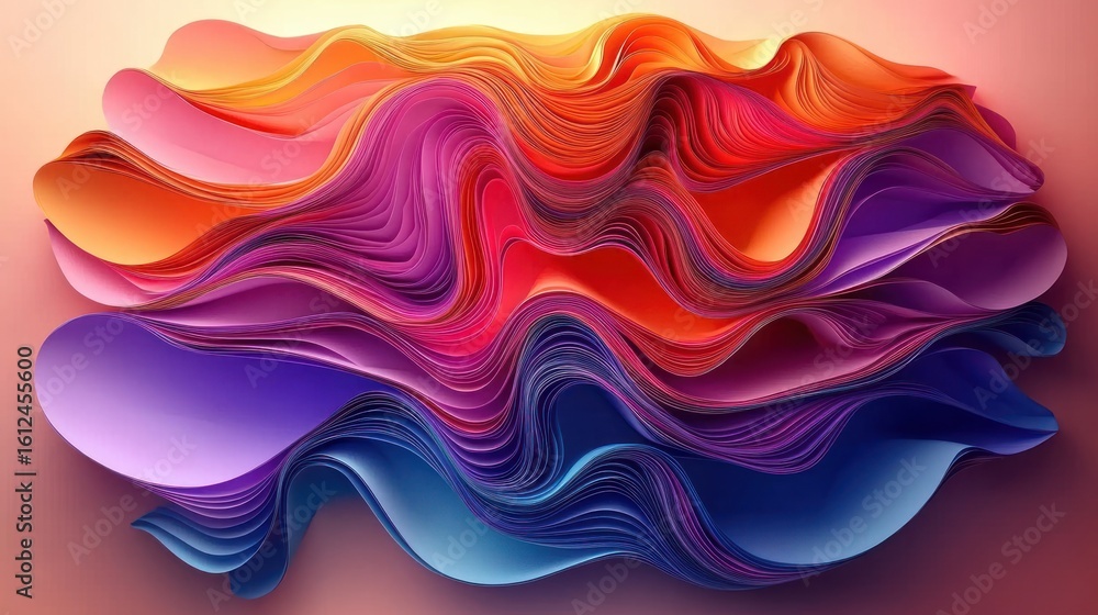 Poster abstract flowing layers of vibrant colorful waves blending from red and orange to purple and blue wi