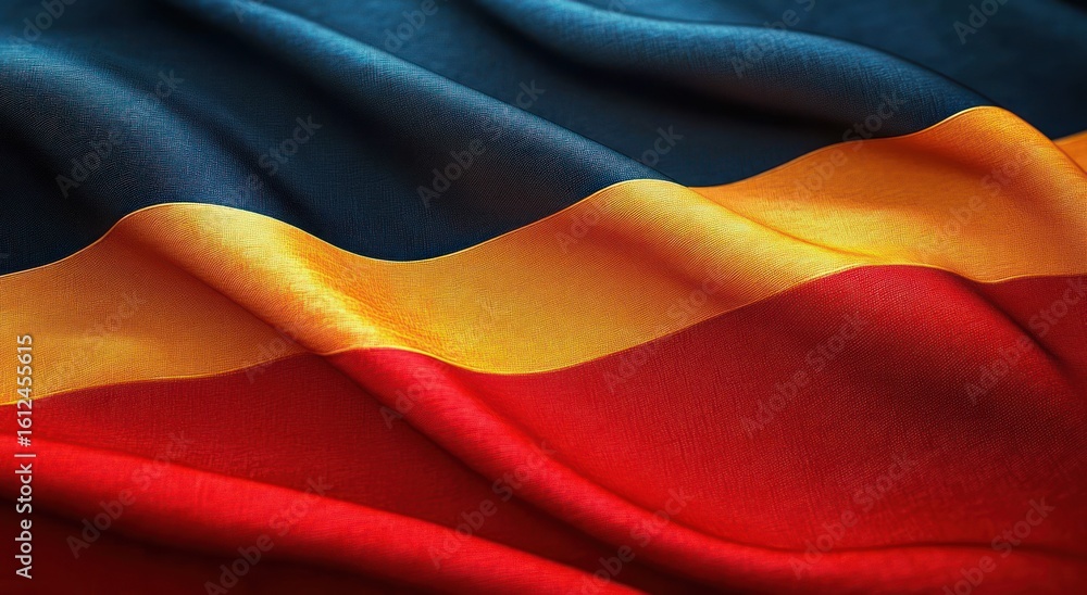 Aufkleber close-up of a fabric with three horizontal color stripes showing texture and folds in dark blue, bri