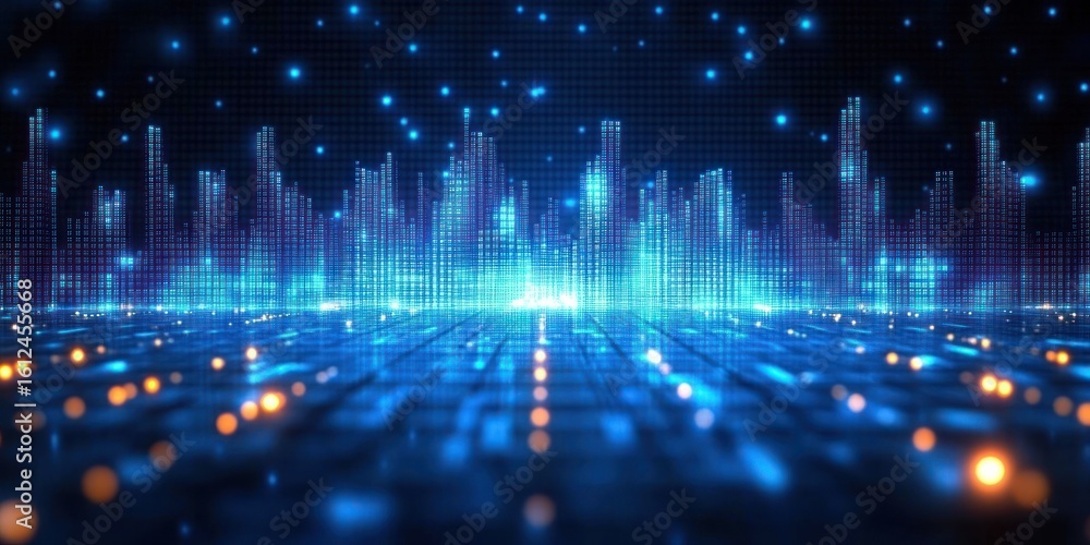 Poster futuristic digital cityscape with glowing blue data streams rising from a grid-like surface, emittin