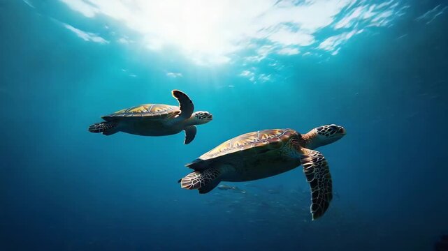 Two sea turtles swimming gracefully through the deep blue ocean water create a serene visual for environmental and travel marketing projects.