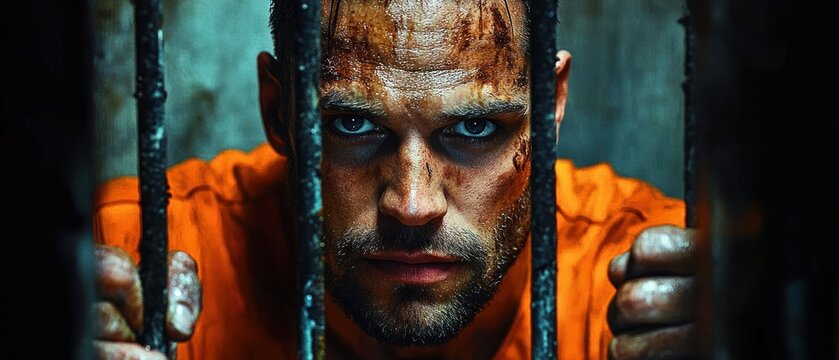 Close-up of a distressed man with bruises and scratches wearing an orange prison uniform gripping metal bars and staring intensely through the cell