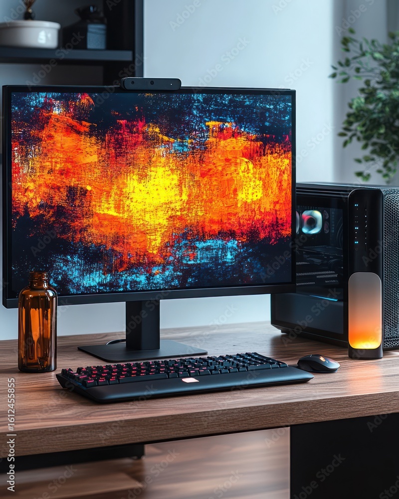 Fototapete modern computer setup featuring a desktop monitor displaying vibrant abstract art in fiery orange an
