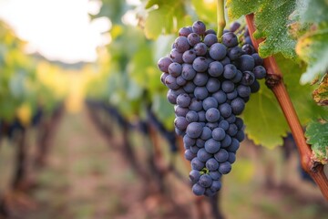 Close-up of a ripe dark purple grape cluster hanging on a vine in a vineyard with blurred rows of grapevines in the background