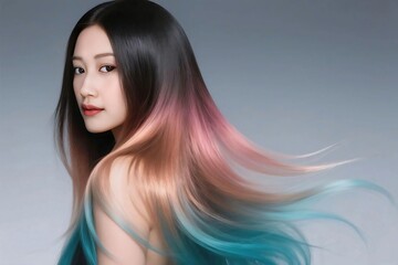 Elegant Woman with Long Flowing Ombre Hair in Pink, Peach, and Aqua Tones
