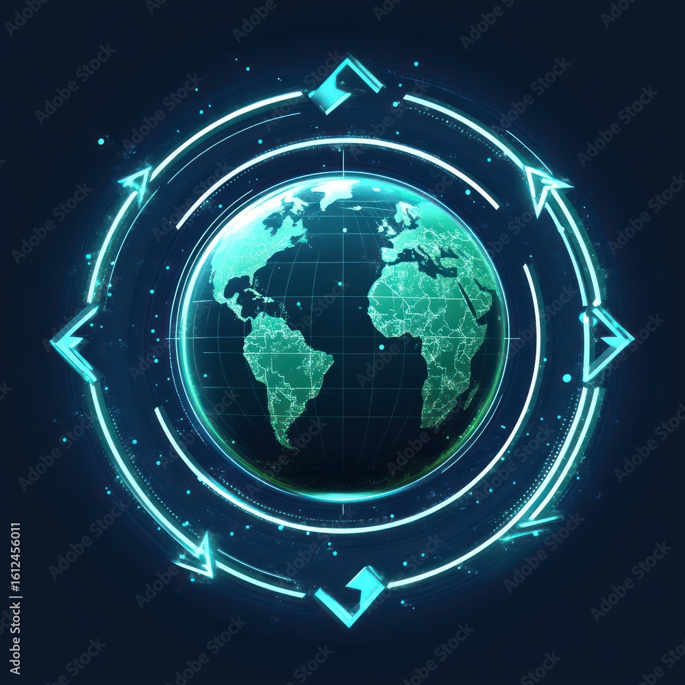 Poster glowing digital globe showing continents with rotating neon blue arrows and circular lines on a dark