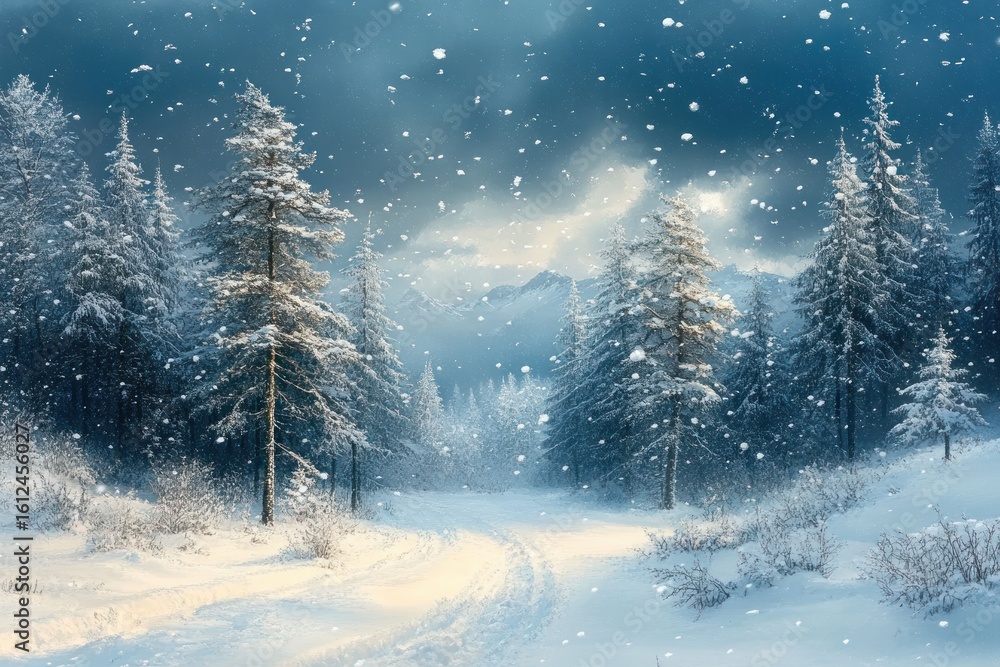Poster snow-covered trees and path in a serene winter forest with soft snowfall and distant mountains under