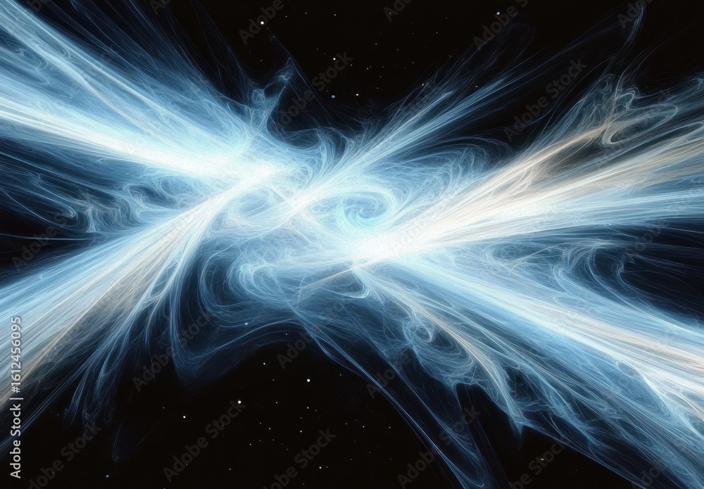 Poster ethereal swirling streams of bright blue and white light energy converging against a dark starry bac