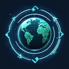 Naklejka premium Glowing digital globe showing continents with rotating neon blue arrows and circular lines on a dark background symbolizing global technology and connectivity