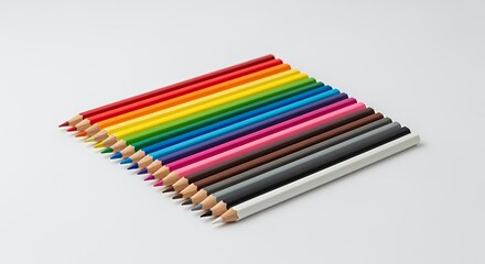 A vibrant collection of colored pencils arranged in a rainbow pattern, showcasing their diverse hues and sharp points, ready for artistic expression.