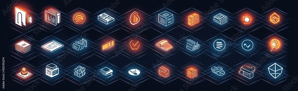 Poster grid of glowing futuristic icons representing various data, documents, communication, and workflow c