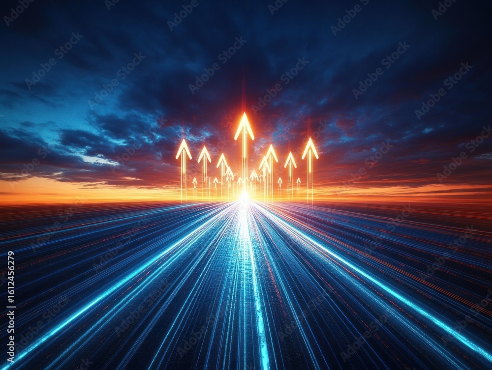 Poster bright glowing arrows pointing upwards over a futuristic illuminated road extending towards a vivid 