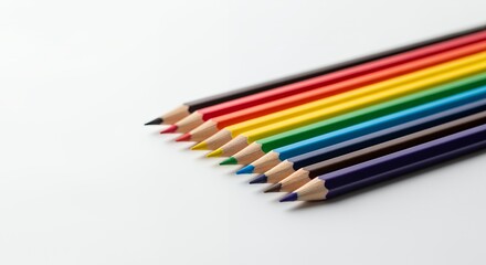 A vibrant collection of colored pencils arranged in a row, showcasing a spectrum of hues against a clean white background.