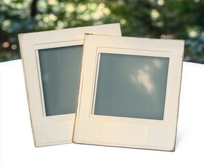 Two vintage photographic slide frames placed side by side on a white surface with a blurred green leafy background, evoking nostalgia and memories