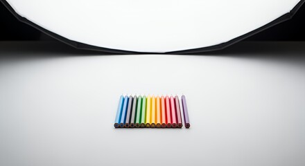 A vibrant row of colorful crayons arranged neatly on a bright white against a dark backdrop creates a striking visual contrast.