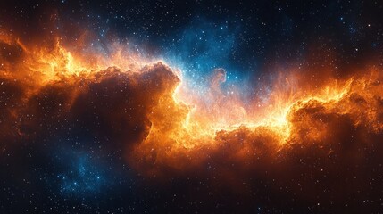 Obraz premium Vibrant cosmic nebula with bright fiery orange and blue glowing gas clouds against a star-filled deep space background, evoking wonder and mystery