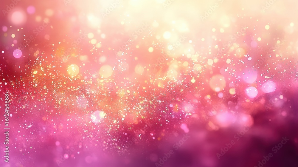 Poster abstract glowing golden and pink bokeh lights with sparkling particles creating a warm, dreamy atmos