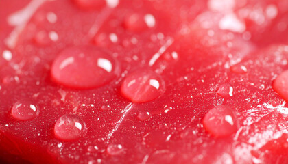 Juicy Meat with Water Droplets: A close-up shot reveals a piece of raw meat glistening with tiny water droplets, highlighting the texture and freshness of the food, a culinary dream.