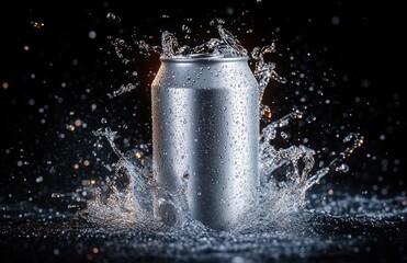 Silver beverage can surrounded by dynamic splashes of water droplets on a dark background, conveying freshness and energy