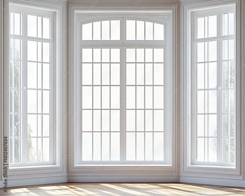 Poster bright empty room with large three-panel white-framed windows letting in soft natural light and cast