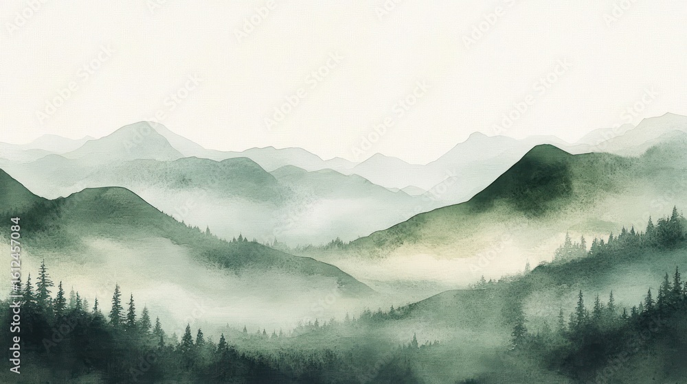 Poster serene misty mountain landscape with layers of forested hills and soft fog creating a tranquil and p
