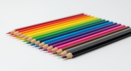 A vibrant collection of colored pencils arranged in a rainbow spectrum, showcasing their sharp points and diverse hues, perfect for artistic expression.