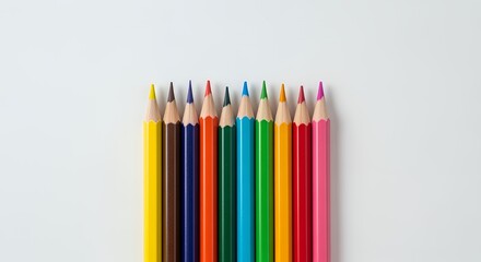 A vibrant row of colored pencils stands upright against a clean white background, showcasing their sharpened tips and diverse hues.