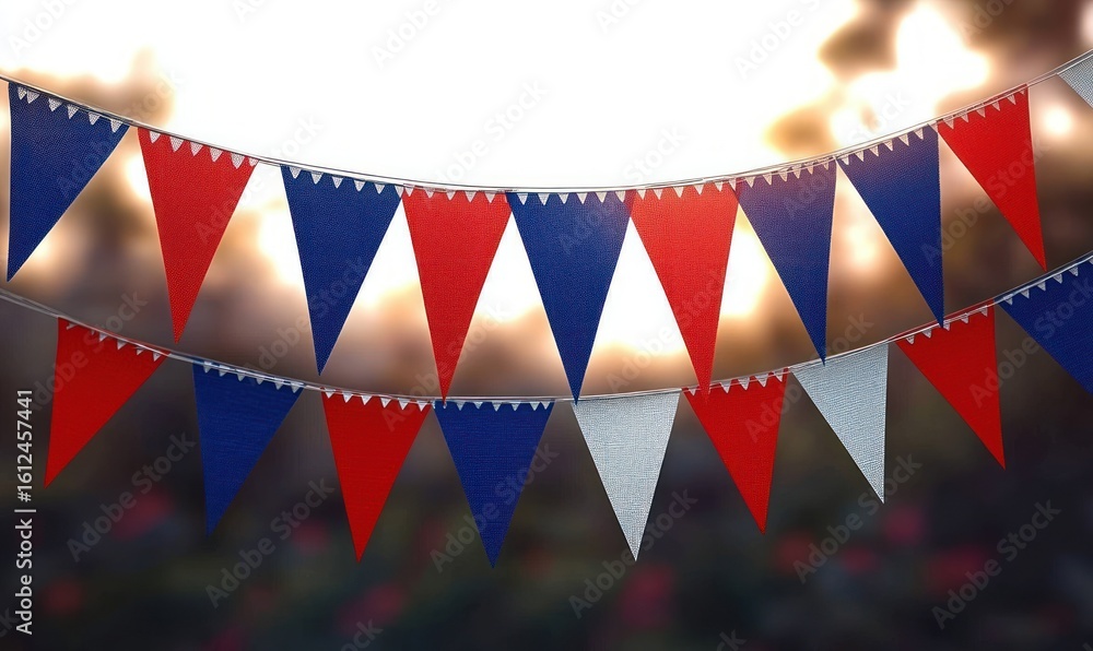 Poster red, blue, and white triangular fabric bunting hanging in two rows against a blurred sunset backgrou