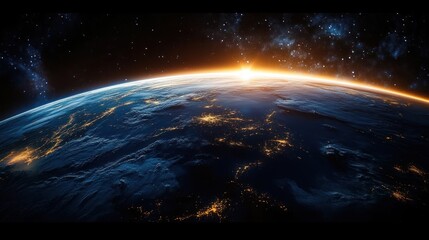 Fototapeta premium Sunrise over Earth from space with visible city lights and starry galaxy background evoking awe and wonder