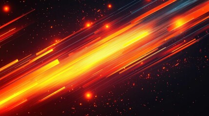 Obraz premium Bright orange and yellow streaks of light moving diagonally across a dark background filled with small glowing particles, evoking a sense of speed and dynamic energy