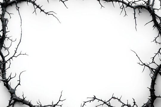 Black thorny branches forming a jagged frame with sharp pointed thorns against a stark white background creating a dark, spiky border
