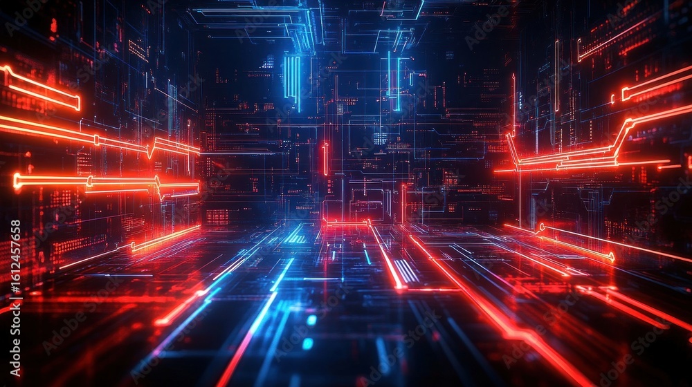 Poster futuristic digital corridor with glowing red and blue neon lines forming a complex grid structure co