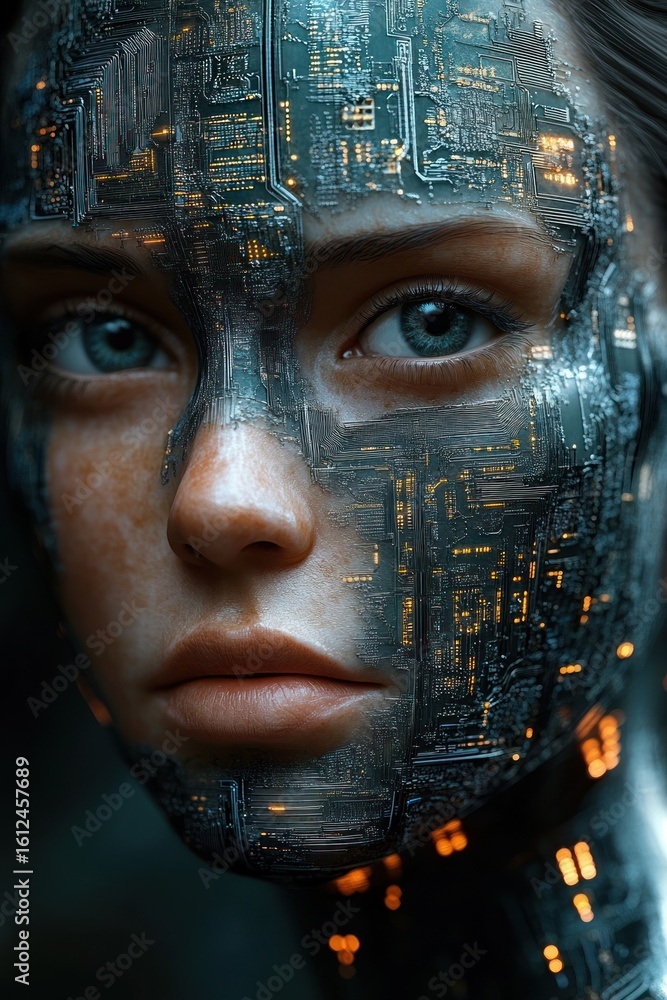 Poster close-up of a human face partially integrated with glowing electronic circuit patterns, blending fut
