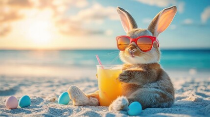 Cute bunny wearing red sunglasses relaxing on sandy beach holding a glass of orange juice with a straw near colorful Easter eggs during sunset