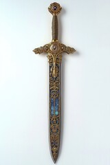 ornate decorative sword with gold and jewel embellishments and intricate blue and gold patterned blade