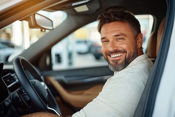 Obraz premium Smiling middle-aged man with beard sitting in driver seat of modern car looking back happily