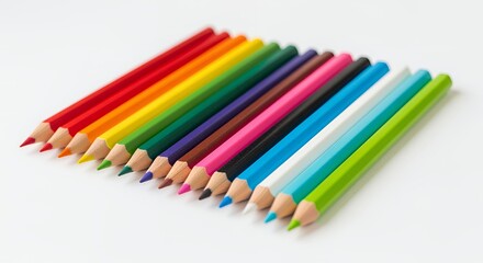 A vibrant collection of colored pencils arranged in a neat row, showcasing their bright hues and sharp points, perfect for artistic expression.