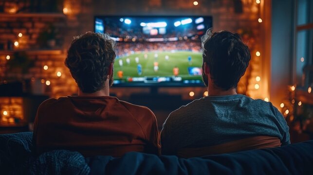 Two men sitting on a couch in a cozy living room watching a soccer match on a large flat-screen TV with warm ambient lighting