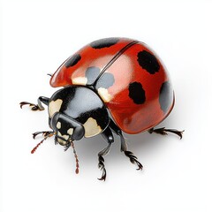 Fototapeta premium close-up of a red and black spotted ladybug with detailed legs and antennae on white background showing texture and shine