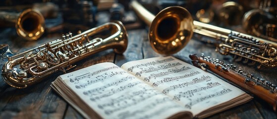 Naklejka premium Open sheet music surrounded by brass and woodwind instruments on wooden surface evoking a vintage musical study atmosphere