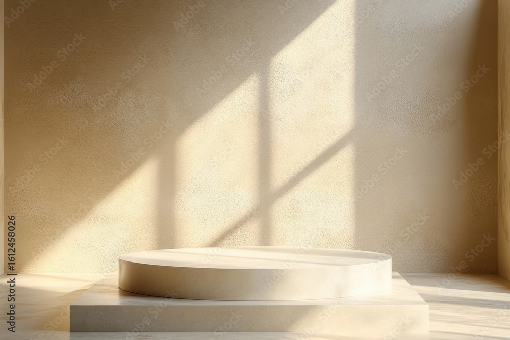 Aufkleber minimalist empty beige display pedestal illuminated by soft natural light casting window shadows on 