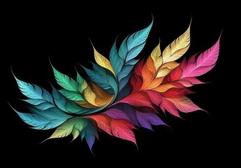 Colorful and intricate abstract arrangement of leaf-like shapes in vibrant hues on a black background, evoking a sense of dynamic motion and energy