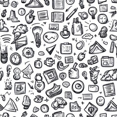 Hand-drawn black and white doodles featuring various objects and symbols including light bulbs, clocks, documents, hands, clouds, pencils, graphs, arrows, and envelopes conveying creativity and ideas