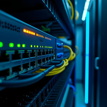A modern Cisco network switch mounted in a clean data center rack. 