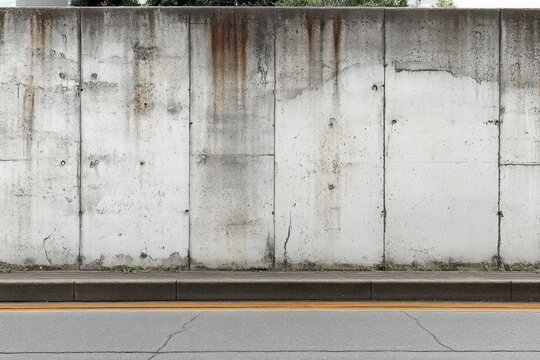 A weathered concrete wall with visible rust stains and patches of grime behind a cracked asphalt road with yellow dividing lines, evoking an urban and neglected atmosphere