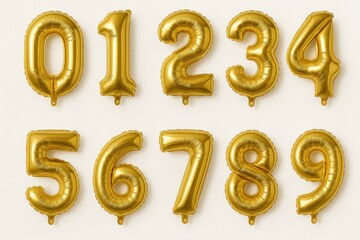 Metallic golden number balloon set for celebrations including all digits from zero to nine for party decorations