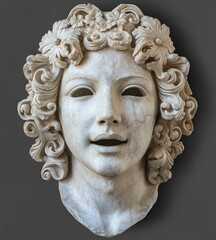 Ancient marble mask of a serene face with floral and curly hair details expressing calm and gentle emotion