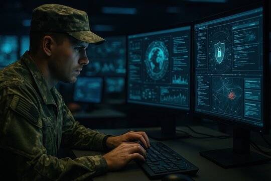 Military cybersecurity specialist analyzing data on multiple high-tech monitoring screens