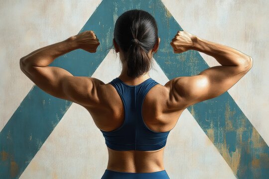 Strong muscular woman flexing her biceps with back towards the camera in a dark sports bra against a textured wall with geometric design, showing fitness and confidence