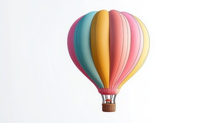 Fototapeta premium Colorful hot air balloon floating in a clear sky with soft pastel panels and a woven basket, evoking a serene and peaceful atmosphere